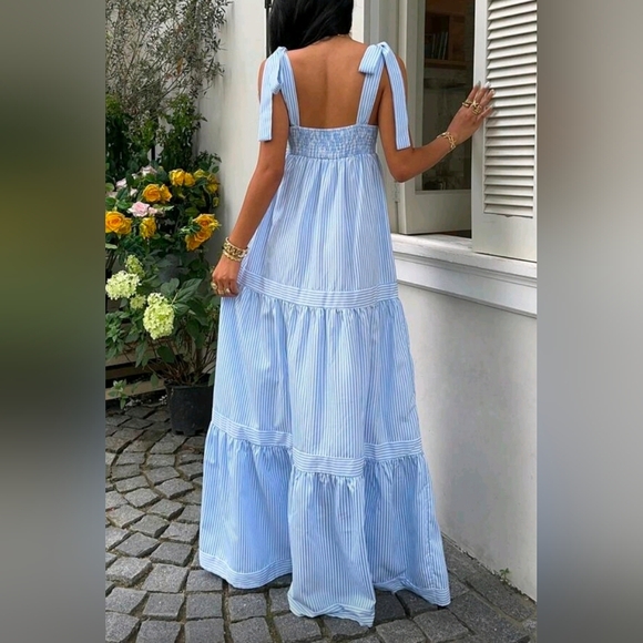 New Boho Striped Tie Shoulder Tiered Maxi Dress Blue White - Picture 4 of 8